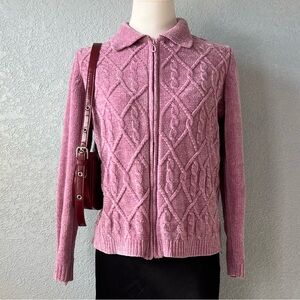 Alfred Dunner Petite Pink Chenille Zip Cardigan Cable Knit Sweater Size PS